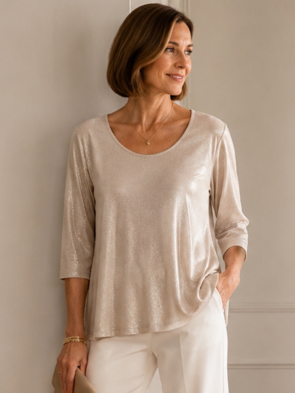Chico's Gold Champagne Metallic Shimmer Tunic Top 3/4 Sleeve Size 3 (XL)